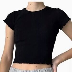 Brandy Melville‎ Short Sleeve Lettuce Edge Crop Top Black OS Retro Y2K